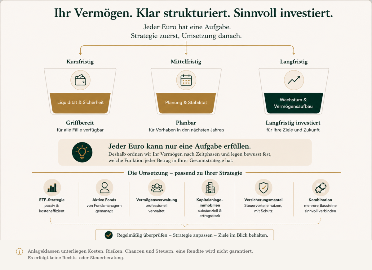 Schaubild: Vermögen nach Zeitphasen strukturiert – kurzfristig griffbereit, mittelfristig planbar, langfristig investiert – mit passenden Umsetzungswegen (ETF, aktive Fonds, Vermögensverwaltung, Kapitalanlageimmobilien, Versicherungsmantel, Kombination)